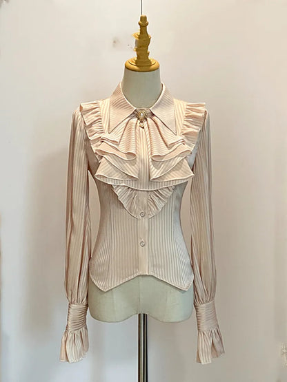 Spitz gestreifter Stoff Beige Jabot Hemdärmel Flacher langer Kragen