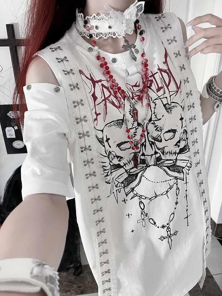 T-Shirt Weiß Cutout Schulter Design Punk Emo