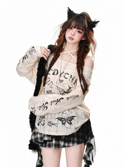 Asymmetrischer Ausschnitt, Schmetterlingsdruck, Distressed-Löcher, Aprikose/Grau, Neckholder-Top