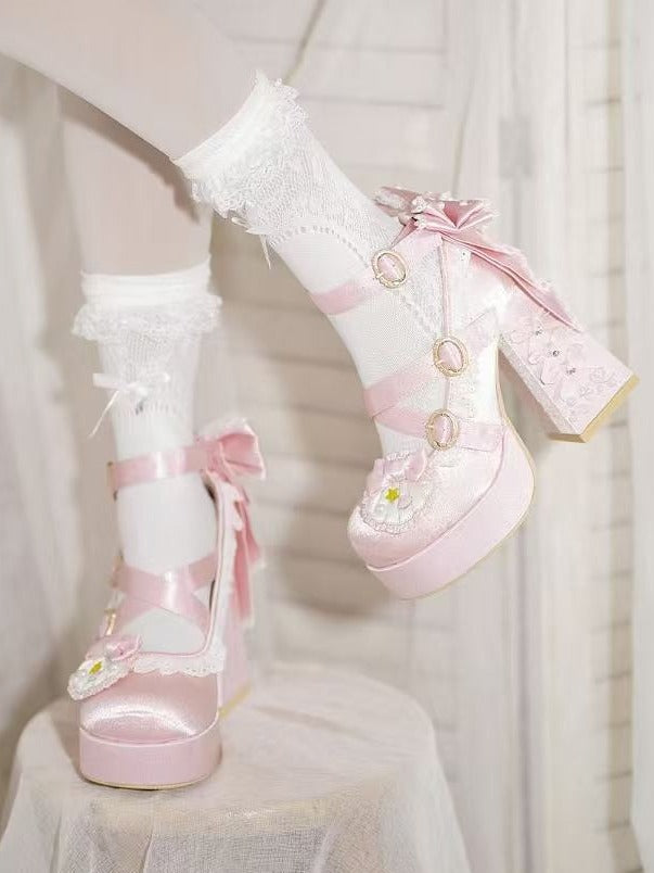 Light Pink Round-Toe Lolita Shoes, 11.5CM Bowknot Block Heel, Pearl & Shell - Bad Bear