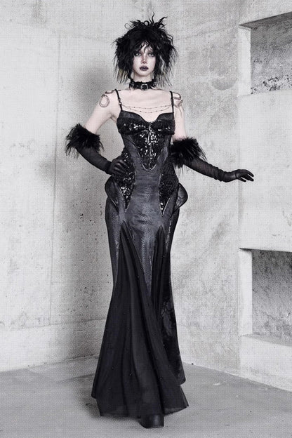 Black Sleeveless Print Stitching Slim Gothic Jsk Dress