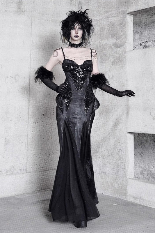 Black Sleeveless Print Stitching Slim Gothic Jsk Dress