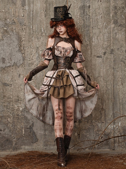 Braune Vintage Steampunk Weste aus Leder Birdcage