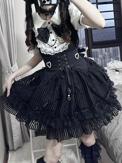 ベルトコルセットストライプスカートウエストパフィードレスレイヤードブラックジライケイホワイトとレースアップ3つのハイ