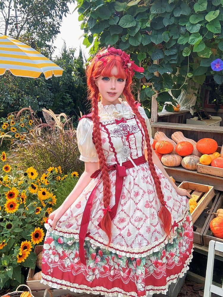 Strawberry Garden Red & White Floral Printed Lolita JSK Gown - Currant