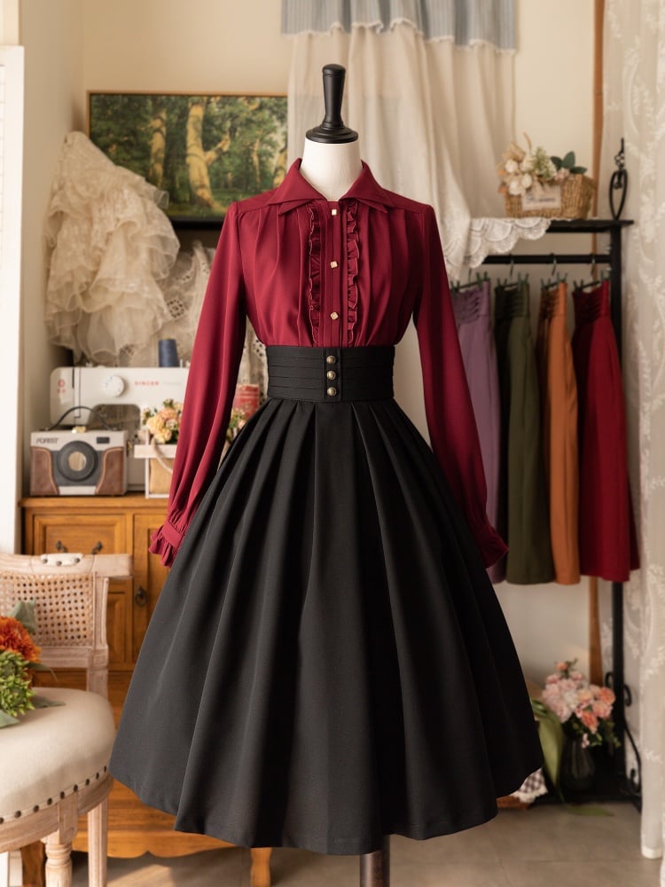 Red Long-Sleeve Shirt with Double-Layered Pointed Collar