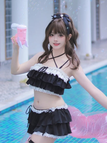リボンディテール レーストリム 水着 ブラック ティアードフリル