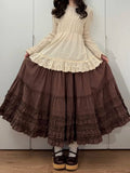 Cotton Multi-Layer Brown Hem Lolita Loose Elegant Skirt Ruffled