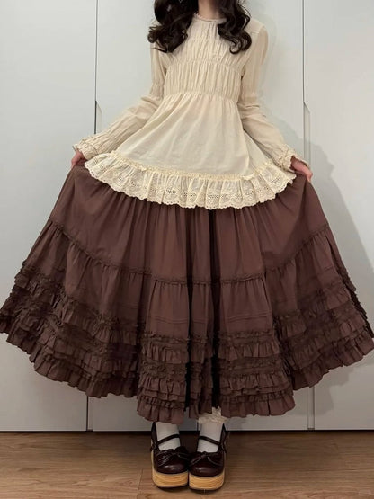 Cotton Multi-Layer Brown Hem Lolita Loose Elegant Skirt Ruffled