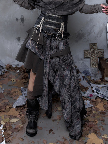 Asymmetrical Rock Front Ties with Vintage PU Hemline Knotted Punk Black Waistband Triangular Skirt Plaid