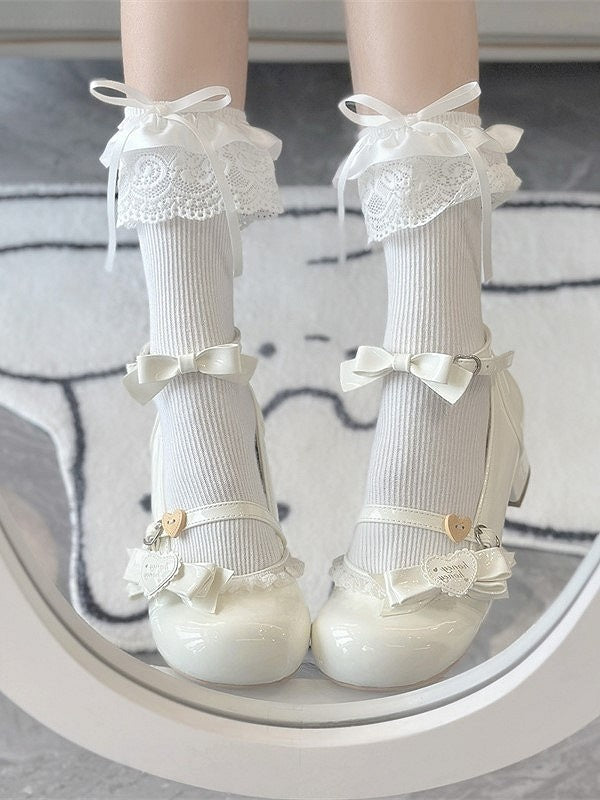 with Lace White Shoes at Sweet Lolita Mid-Heel Edging Top Bow