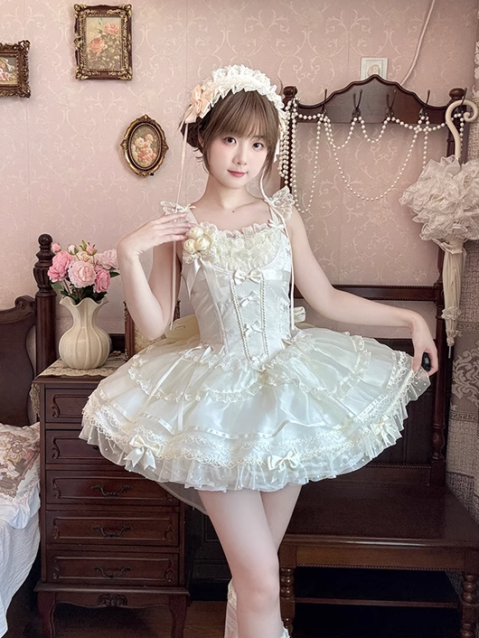 Beige Flutter Sleeves Bowknots Dress Bodice JSK on Balletcore Sweet Lolita Puffy