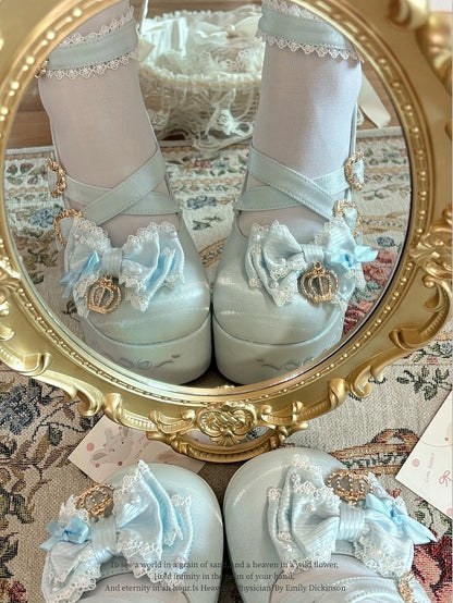Platform Lolita Janes Satin Blue Crown Block Heel Details - High Sweet Mary