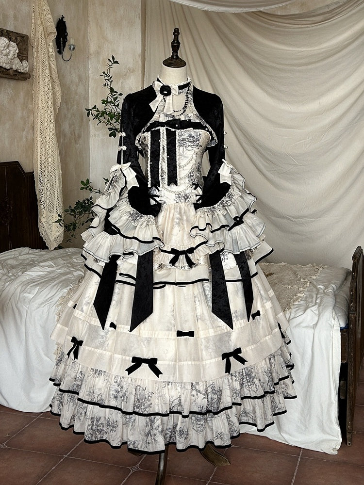 White Layers Long Underskirt with Black Bowknot Trim - Magic Skirt Cat