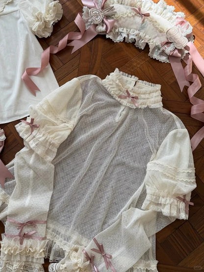 Sweet Lolita OP Dress Set with Puff Sleeves, Bear Print and Floral Embroidery - Treasure House