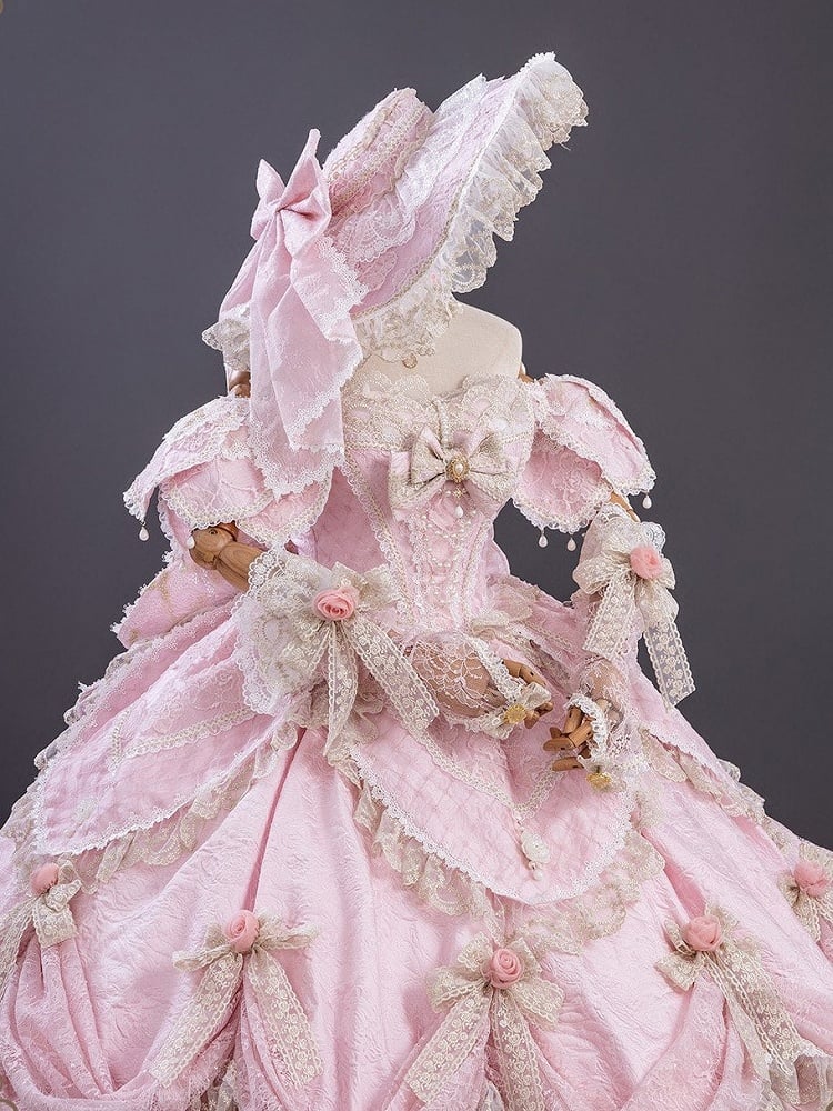 Version Details Ruffles Hanayome Pink Short with and Layered Hime Gown Bow Lace Lolita Off-Shoulder