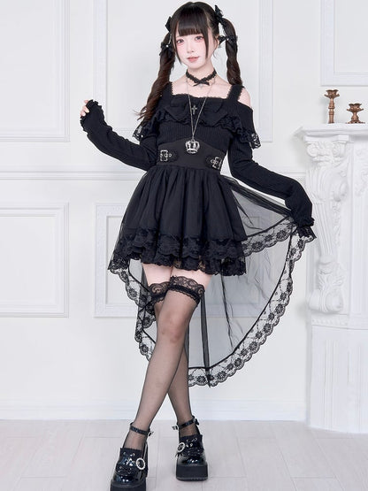 Inverted High-Low Two-Piece Waist Basque Black with Kei Dress: Jirai Off-Shoulder Faux Hem