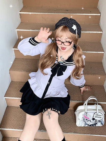 Stufenrock Lila + Schwarze Bluse mit Matrosenkragen und Ärmeln – Uniform Bishop Plus Size JK