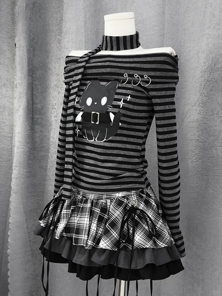 Karierter Stufenrock und rot-schwarz-weiße Schleifendekoration Y2K /