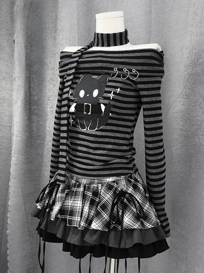 Karierter Stufenrock und rot-schwarz-weiße Schleifendekoration Y2K /