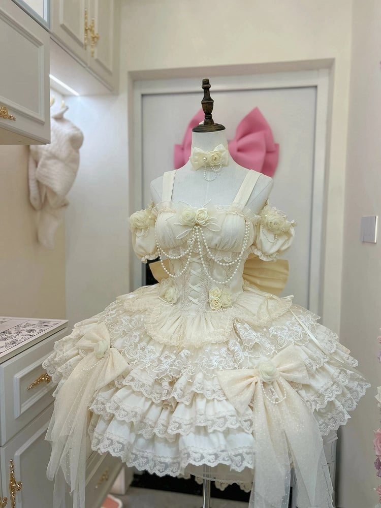 Hanayome Fairy Lolita Flower Basque Skirt Jumper Tiered Waist Hem Beige Dress