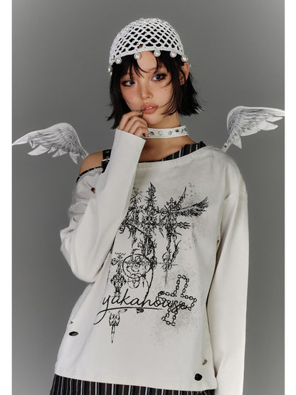 Y2K Apricot Asymmetrical Neckline Buckle Strap Glamorous Graphic Top