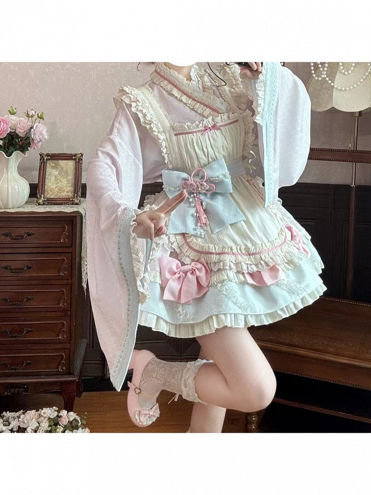 Hanfu-Inspired Lolita Top, Ruffle Mini Skirt & Apron Set in Pink Blue - Berry Story Lolita