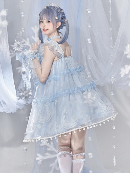 ライトブルーのスノームーンキャッスルオーバーレイポンポントリムドレススイートロリータジャンパースカート