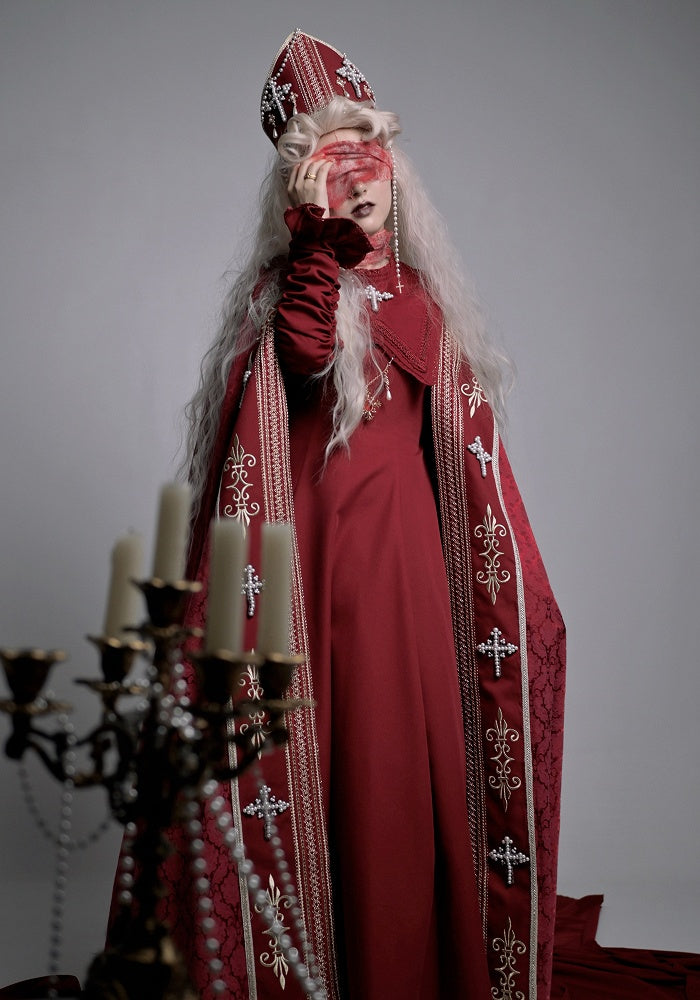 Cross Decorated Details Lolita Cloak and Wine Embroidery Red Nun