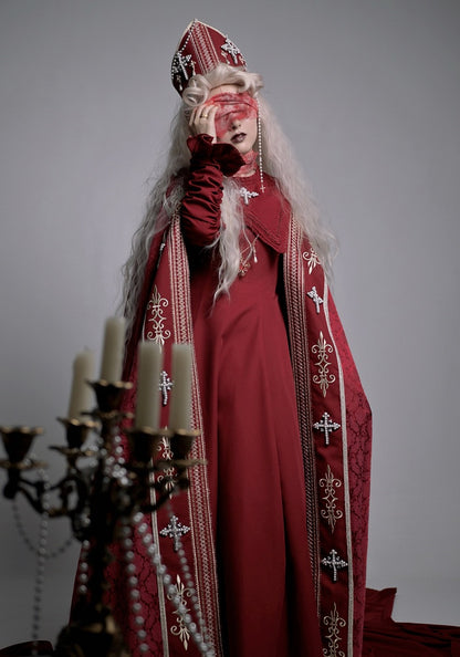 Cross Decorated Details Lolita Cloak and Wine Embroidery Red Nun