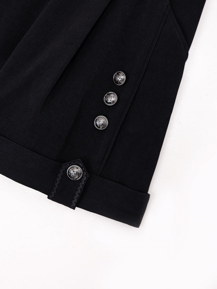 Black High-Waist Straight-Leg Shorts with Silver Chains and Buttons - DevilInspired Exclusive Collection