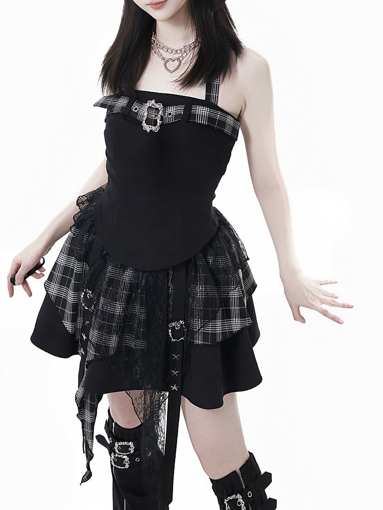 Plaid Adjustable Idol with Red/Black Top Black Panel Cami Y2K - Buckle Self-Tie Halter