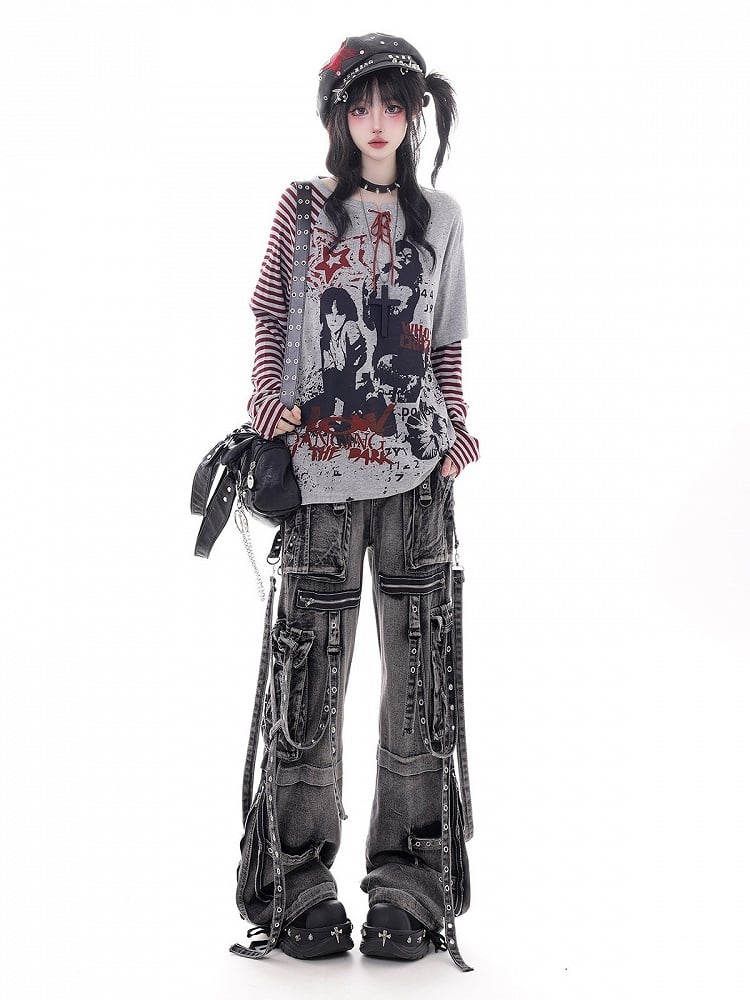 Dark Kawaii Washed Gray Multi-Pocket Cargo Wide Leg Jeans - KNOW8 Online Shop