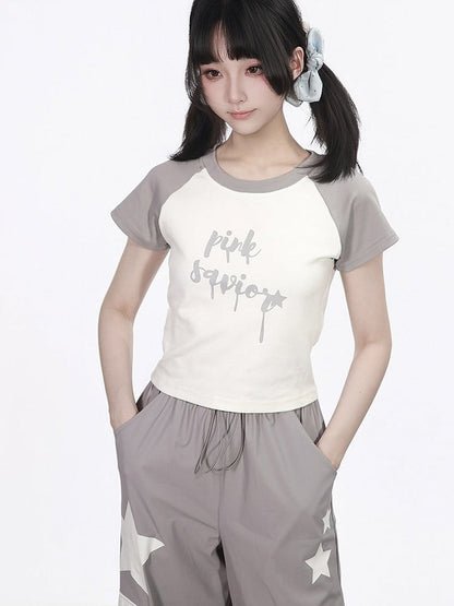 Short Sleeve Letter Print Tee in Gray and White - PINK SAVIOR