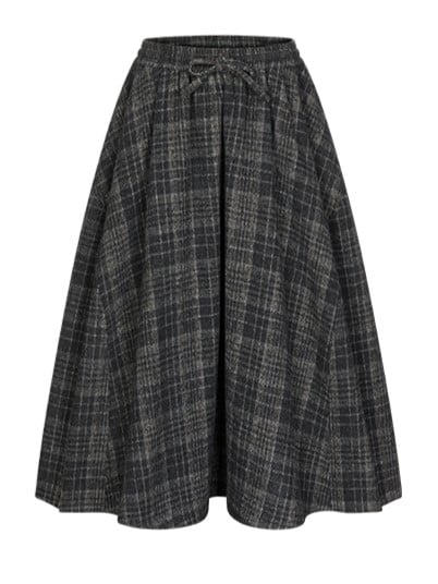 Gray Elastic Waist Tweed Plaid Tea Length Skirt