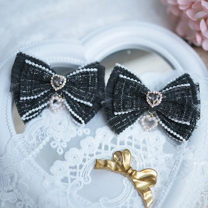 Black/Blue/Pink/Apricot Heart Rhinestone Jirai Kei Bow Hairclips