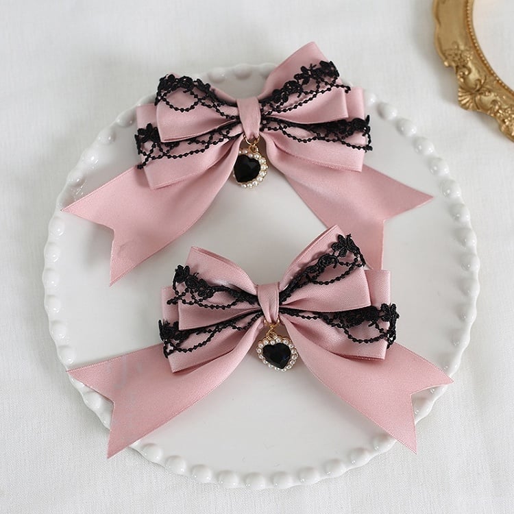 of Pair Lace Bowknot Charm A with Decorations Heart Colors Black 9 Hairclips