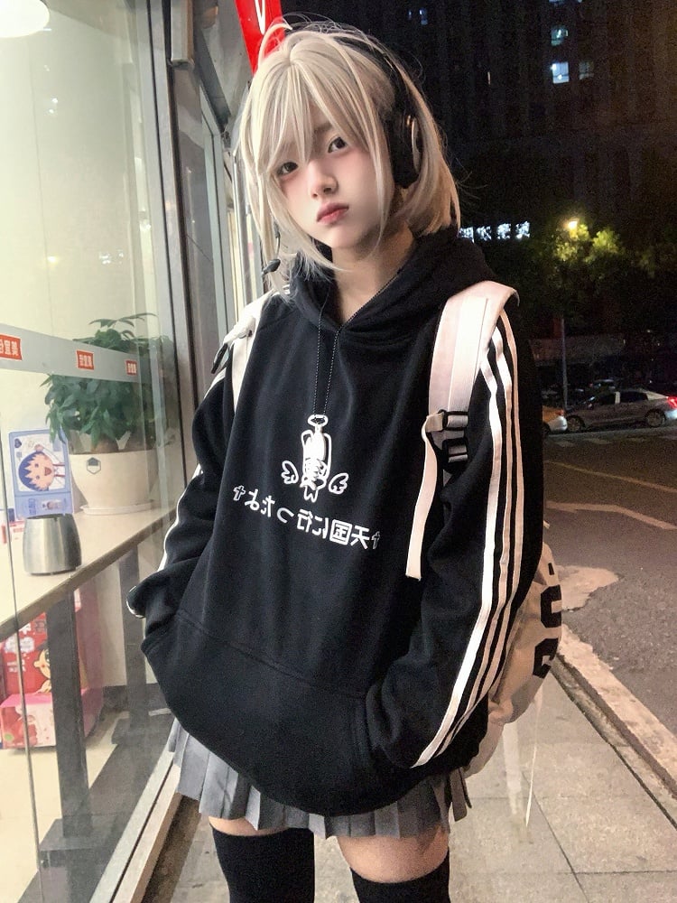 Black Bunny Print on with Angel Hoodie Sleeves Pattern Stripe