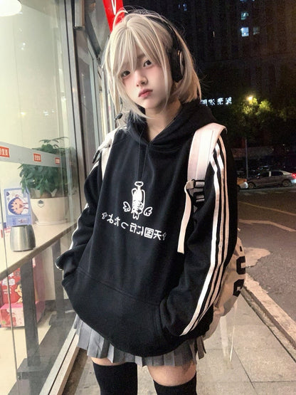 Black Bunny Print on with Angel Hoodie Sleeves Pattern Stripe