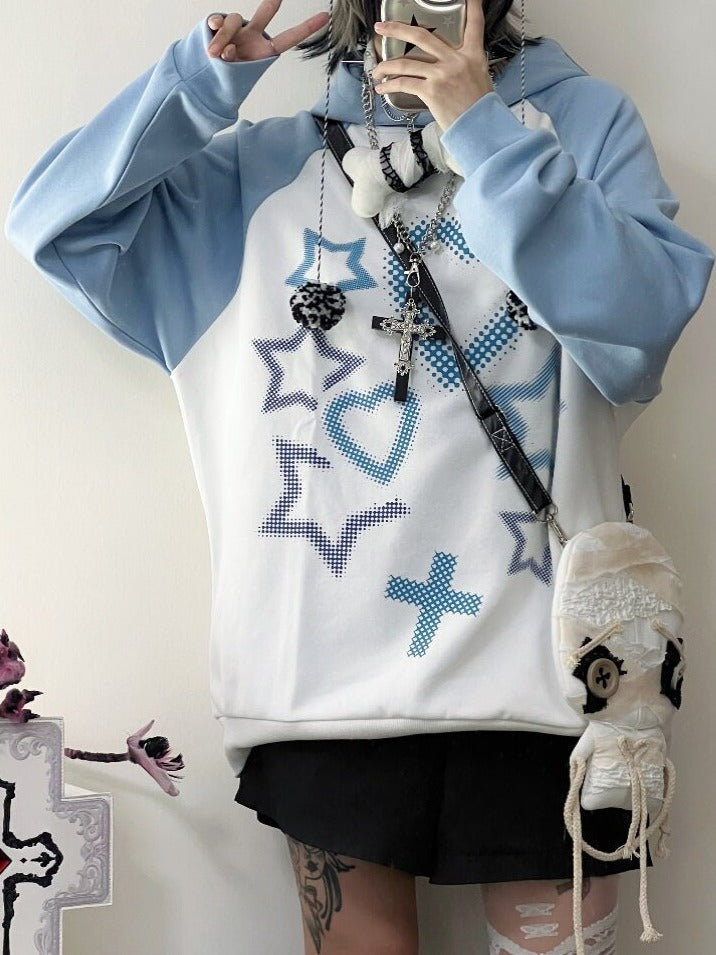 Blue-White Hoodie with Cross & Heart Print - Alita26SS