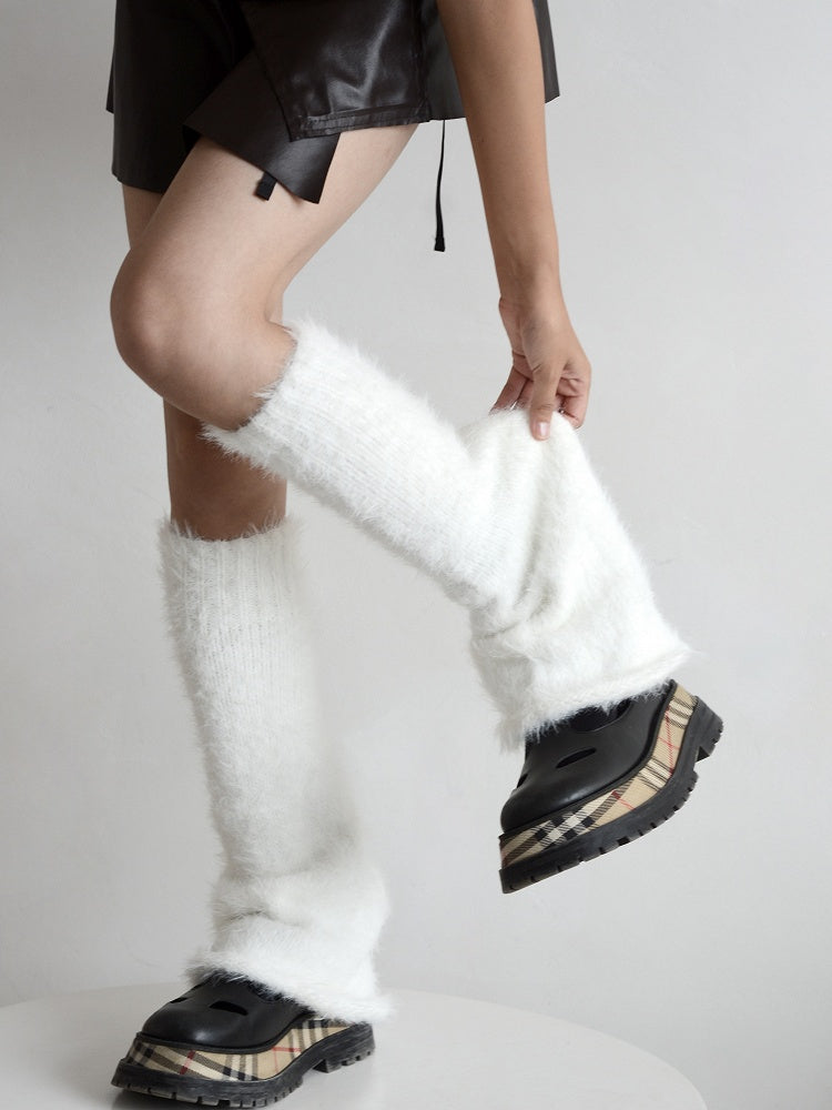 Plush Flared Knitted Leg Warm Warmers Black/White/Gray