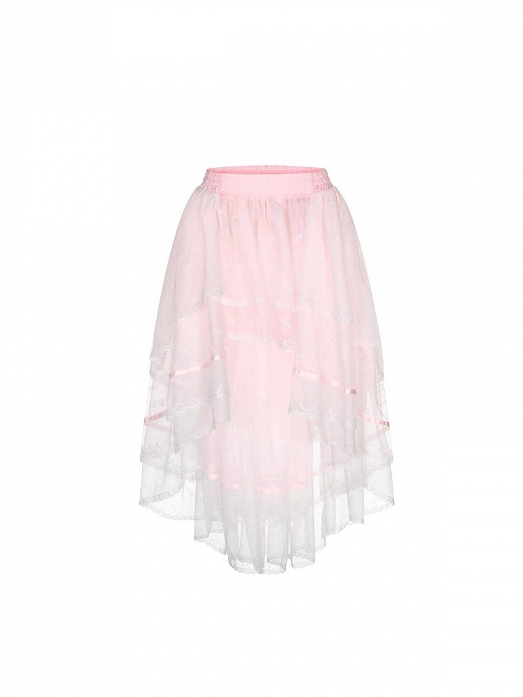 Layered Pink Overskirt with Elastic Waistband and Flowing Tiered Design - San Sheng Du