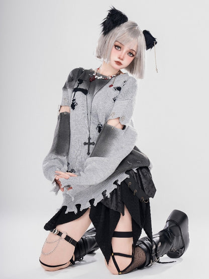 Y2K ブラック/グレー クロスシェイプ ダメージ加工 ホールズ ラウンドネック セーター