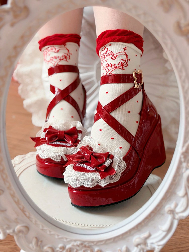 Old School Lolita Wine Red Butterfly Bow 9CM Slope Heel Shoes Cross Strap - Transfer Student