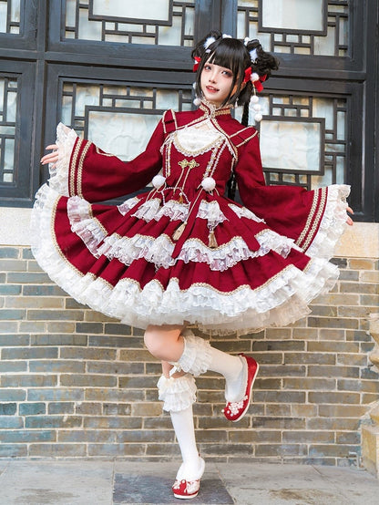 レッドロングスリーブクロップドトップバンドカラーボレロ