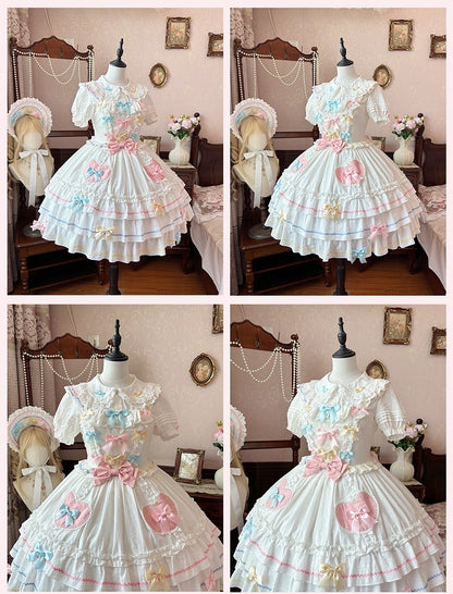Macaron Farbe Bowknots Weiß JSK Ärmeln Tiered Sweet Lolita Kleid Flatterrock