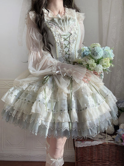 ベージュのセミシースルーレッグオブマトンスリーブブラウス