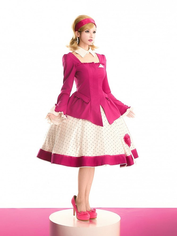 Retro Pink Blazer & Polka Dot Skirt Ensemble with Bow Accents and Detachable Collar - Charing Cross