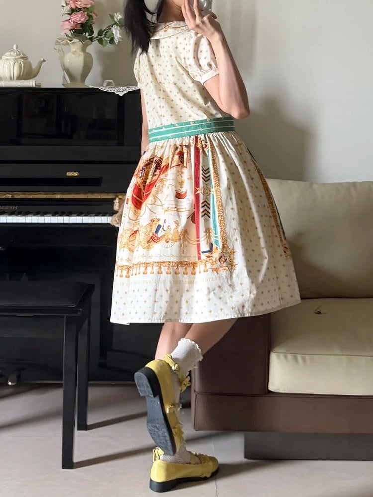 Short White Musical Print Peter Pan Collar OP Dress with Tassels - Crucis Universal Tailor Company