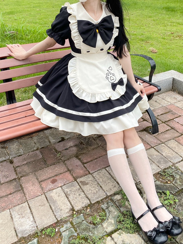 Schürze Lolita Sweet Kitty White Maid Stickerei Pfote Schwarz und Kleid